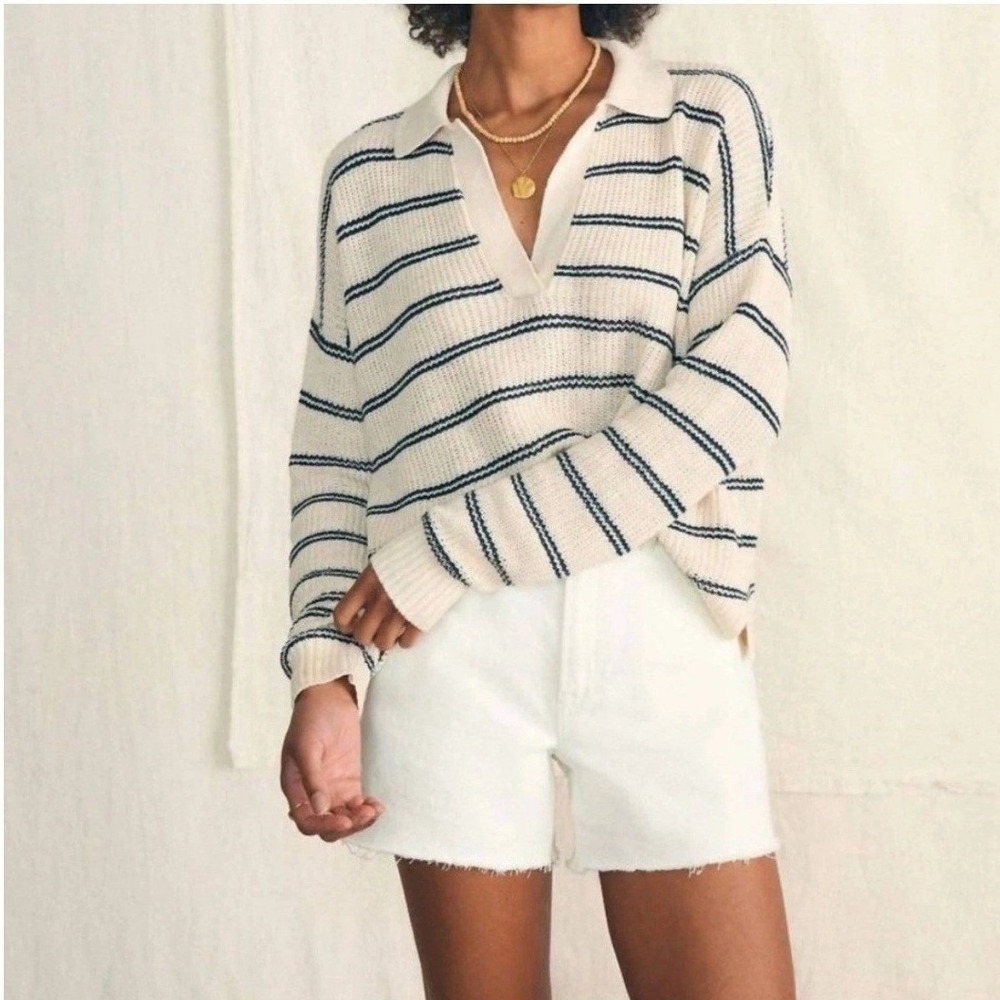 Faherty Miramar Womens Linen Cotton Striped Polo Sweater Cream Blue Small V-Neck